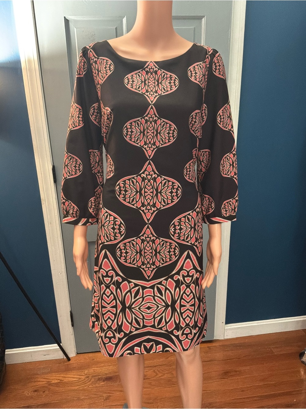 Ann Taylor Black Shift Dress with Coral Pattern